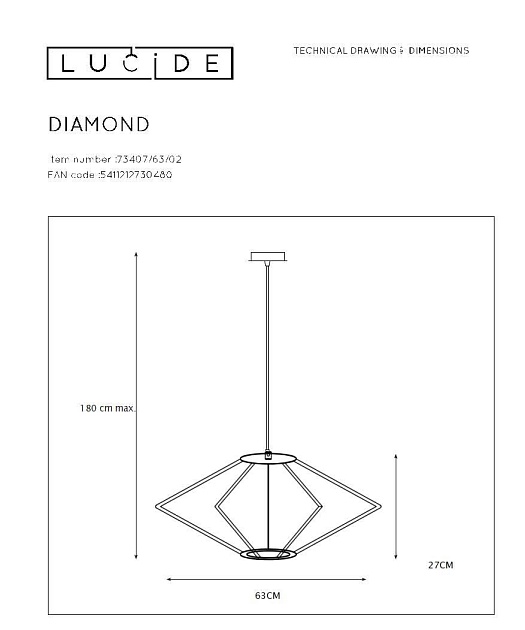 Подвесной светильник Lucide Diamond 73407/63/02 Фото № 2
