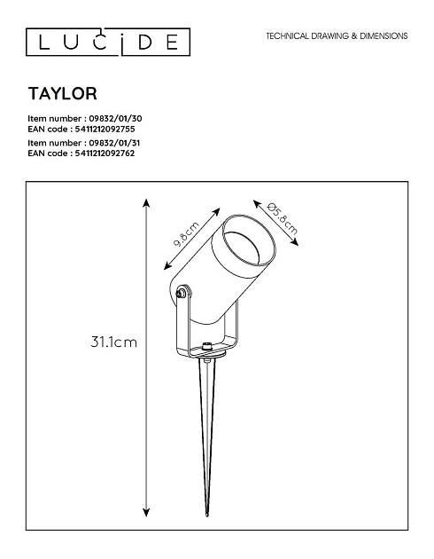 Уличный светильник Lucide Taylor 09832/01/31 Фото № 2