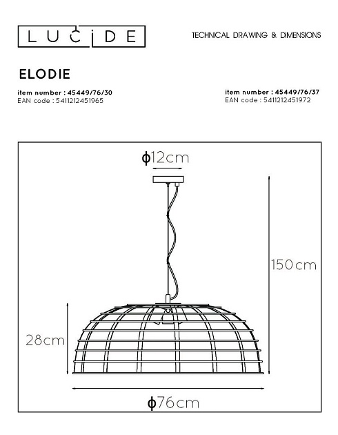 Подвесная люстра Lucide Elodie 45449/76/30 Фото № 2